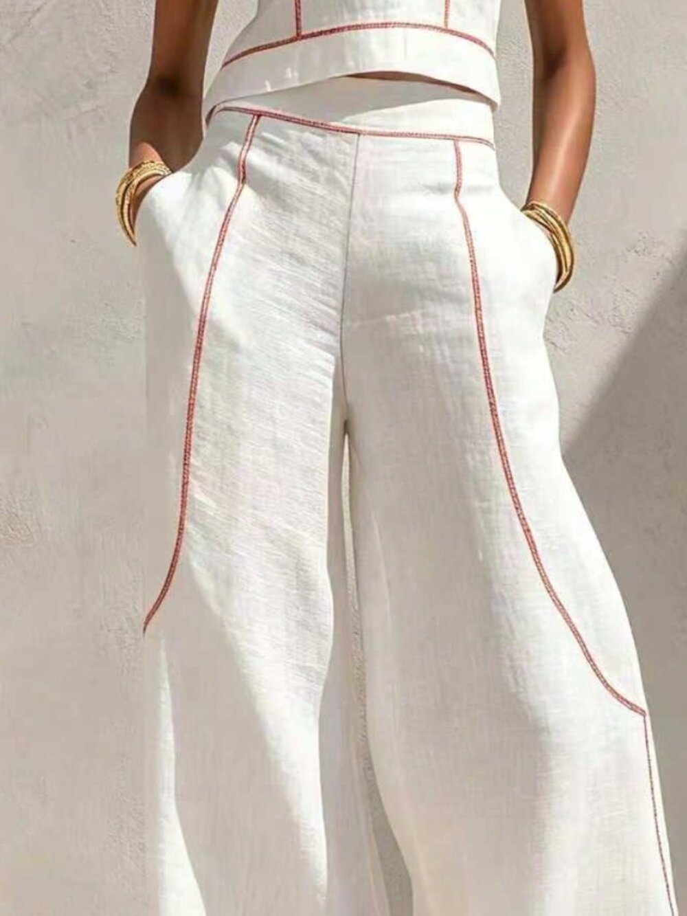 White Elegant Women's Sleeveless Vest Top & Wide Leg Pants Set - Picture 2 of 3